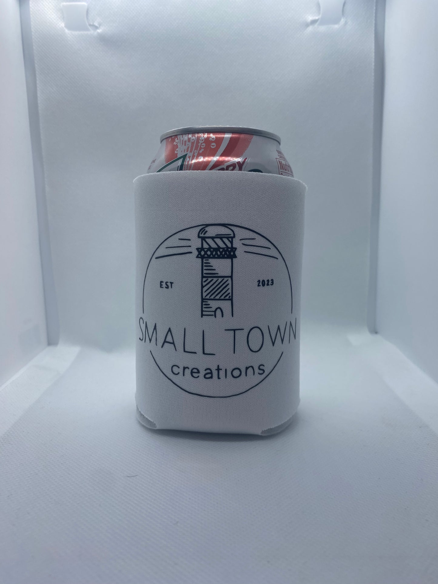 Small Town Creations logo can koozie